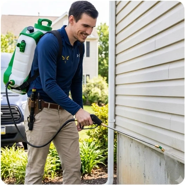 Springfield Delco, PA pest control technician applying an exterior barrier treatment to a home.