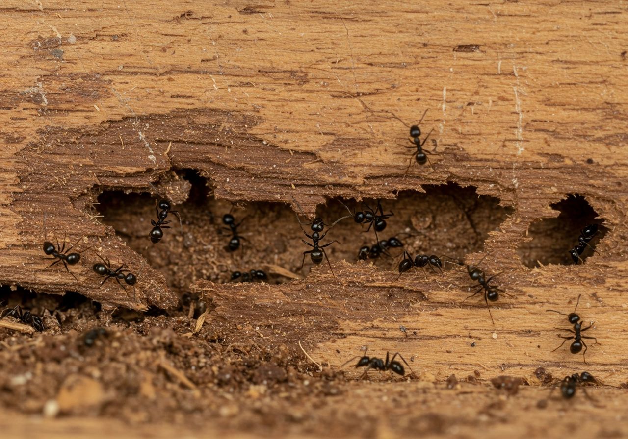 Black ants crawling in and around a wooden crevice.