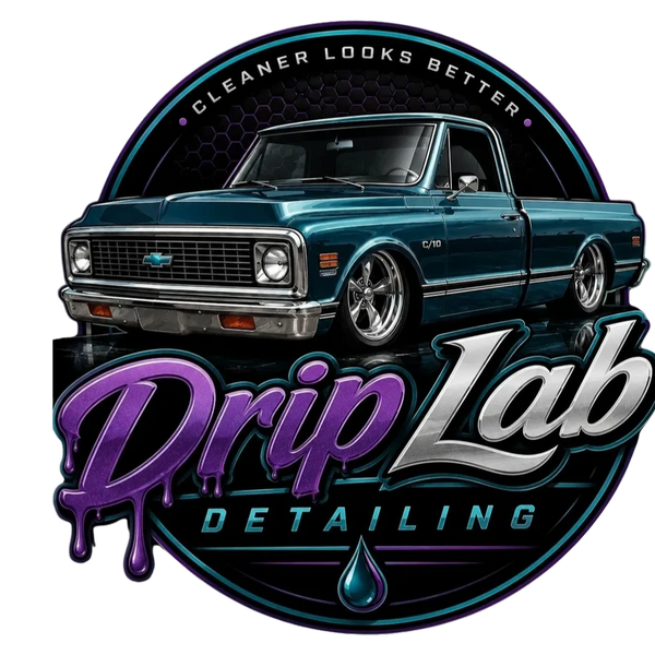 Logo of Drip Lab Detailing featuring a vintage blue pickup truck and the slogan 'Cleaner Looks Better'.