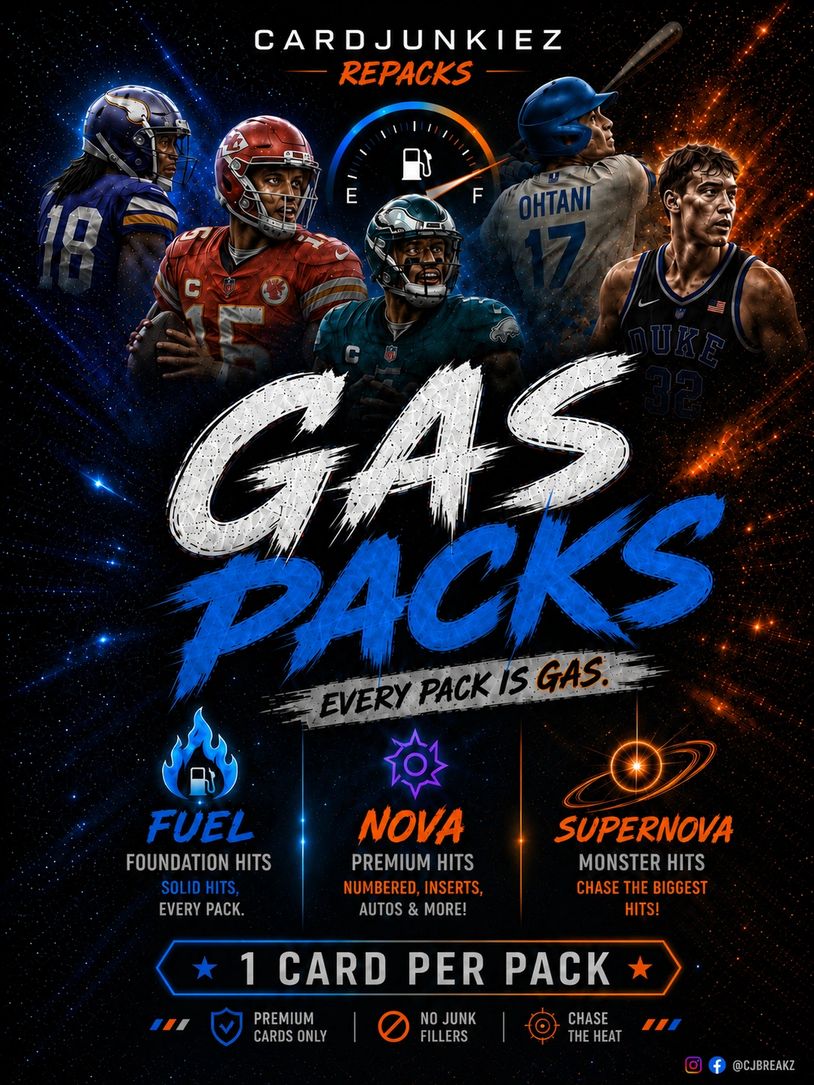 Promotional poster for Cardjunkiez Gas Packs with sports icons and pack types.