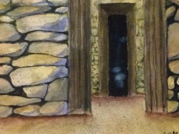 Original painting by Jennie showing stone walls and a shadowy image of spirit as seen through two op