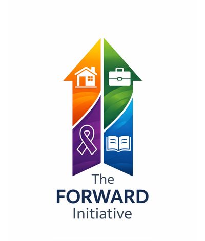Colorful upward arrows with icons symbolizing home, work, awareness, and education.