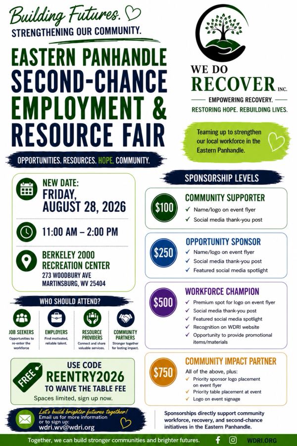 Flyer for Eastern Panhandle Second-Chance Employment &amp; Resource Fair on August 28, 2026.
