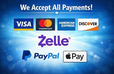 Image showing accepted payment methods like Visa, Mastercard, PayPal, and Apple Pay.