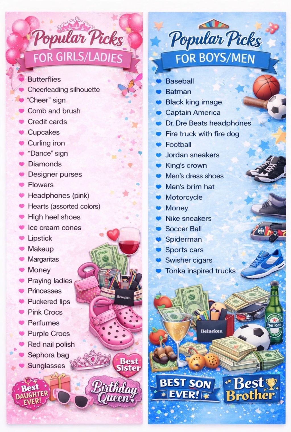 Comparison of popular picks for girls and boys with themed items and colors.