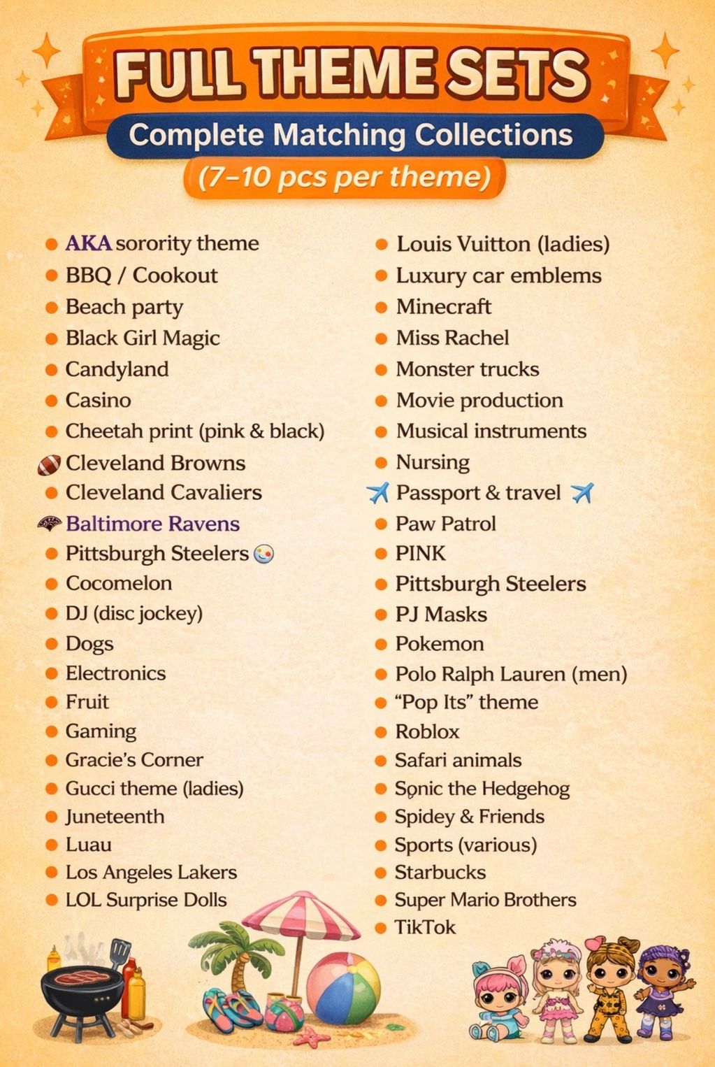 List of full theme sets with 7-10 pieces per theme for various interests and collections.