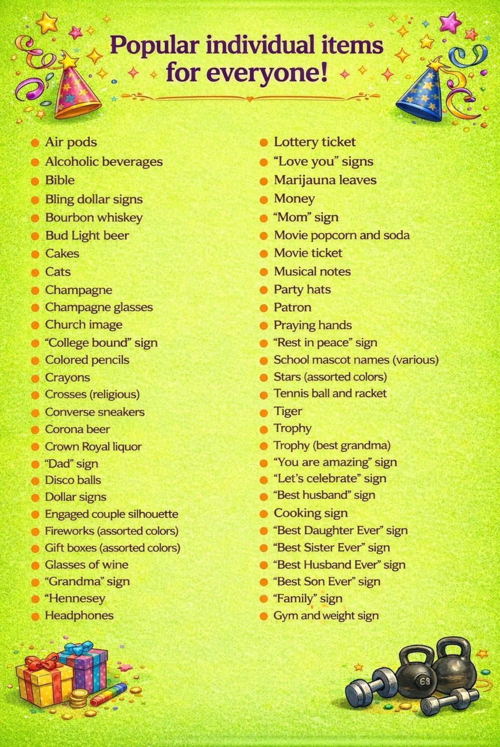 List of popular individual items for everyone with colorful decorations on a bright green background.