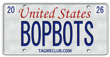 License plate with "United States BOPBOTS 2026" and tagmeclub.com.