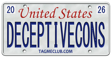 A custom United States license plate reading 'DECEPTIVECONS' for 2026.