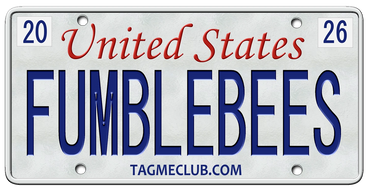 A custom United States license plate reading FUMBLEBEES with 2026 tags.