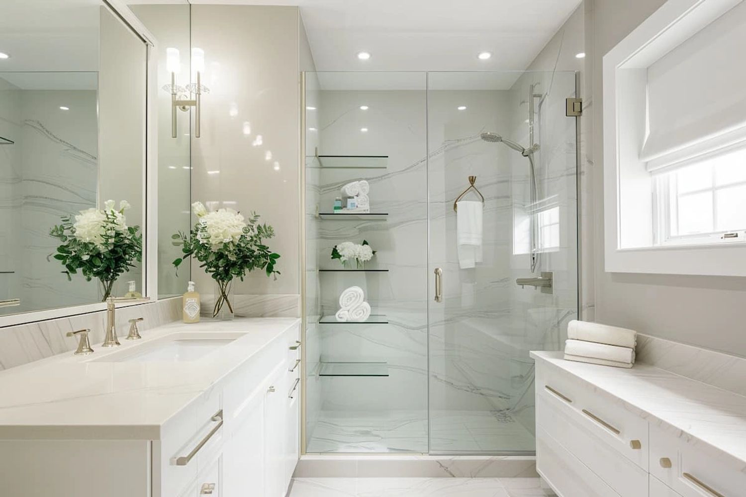 Bright modern bathroom with glass shower and white cabinetry.