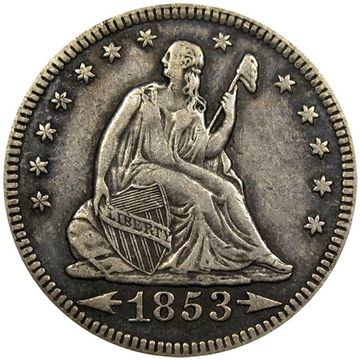 1853 Seated Liberty Quarter VF condition obverse side of 90% silver coin with arrows at date