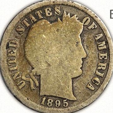 1895 Barber Silver Dime Good Condition showing obverse or front side of the coin