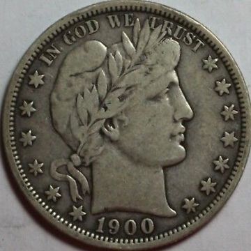 1900 Barber Half Dollar obverse side 90% silver in Fine Condition