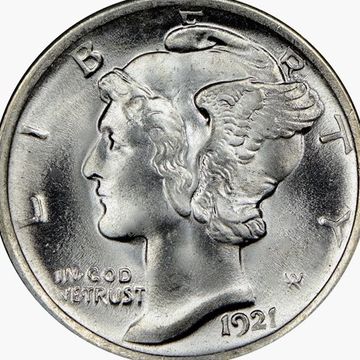 1921 Mercury silver dime Gem Bu Condition 90% silver coin showing obverse or front side