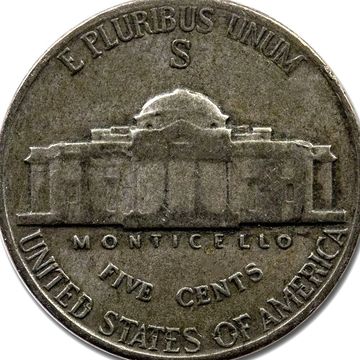 World  War 2 Nickel 35% Silver Jefferson Nickels showing the large mint mark ( S ) over the building