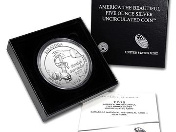 2015 America the Beautiful five-ounce silver coin from United States Mint in black box.