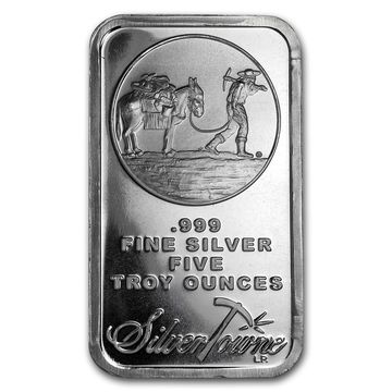 Silver Towne 5 oz silver bar with miner helping donkey haul silver