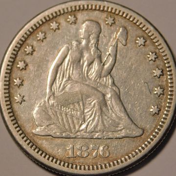1876 Seated Liberty Quarter VF condition obverse side of silver coin