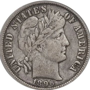 1896 Barber Silver Dime Extra Fine Condition showing obverse or front side of the coin