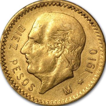 Diez Pesos Mexico obverse side of 10 Peso Mexican Gold Coin