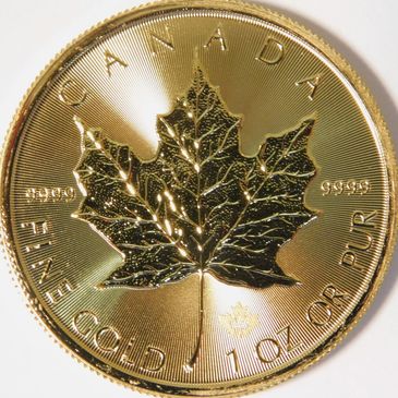 Canada .9999 Fine Gold 1 oz. showing Maple leaf or reverse side of the gold coin in Gem BU condition