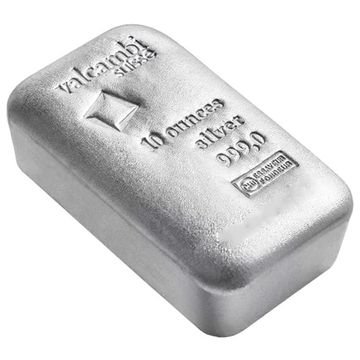 A 10-ounce silver bullion bar with detailed engravings on top.