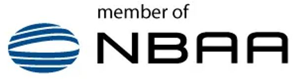 Logo for NBAA membership with blue globe and text.
