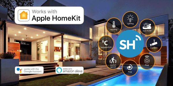 a home with the Smarthomeelite logo and lighting shutters and Acs controlled by Apple HomeKit 