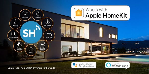 a home with the Smarthomeelite logo and lighting shutters and Acs controlled by Apple HomeKit 