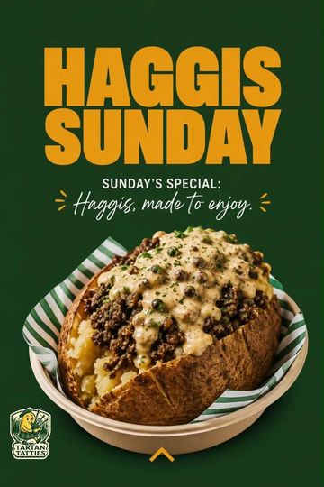Haggis Sunday special with a loaded baked potato topped with haggis and sauce.