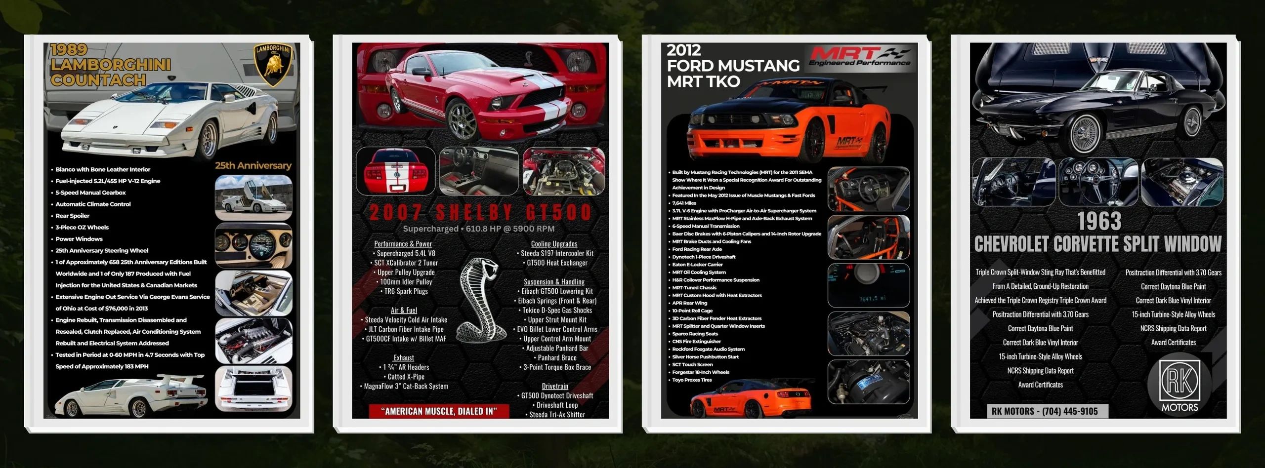 Four detailed posters of classic cars: Lamborghini Countach, Shelby GT500, Ford Mustang MRT TKO, and Chevrolet Corvette Split Window.