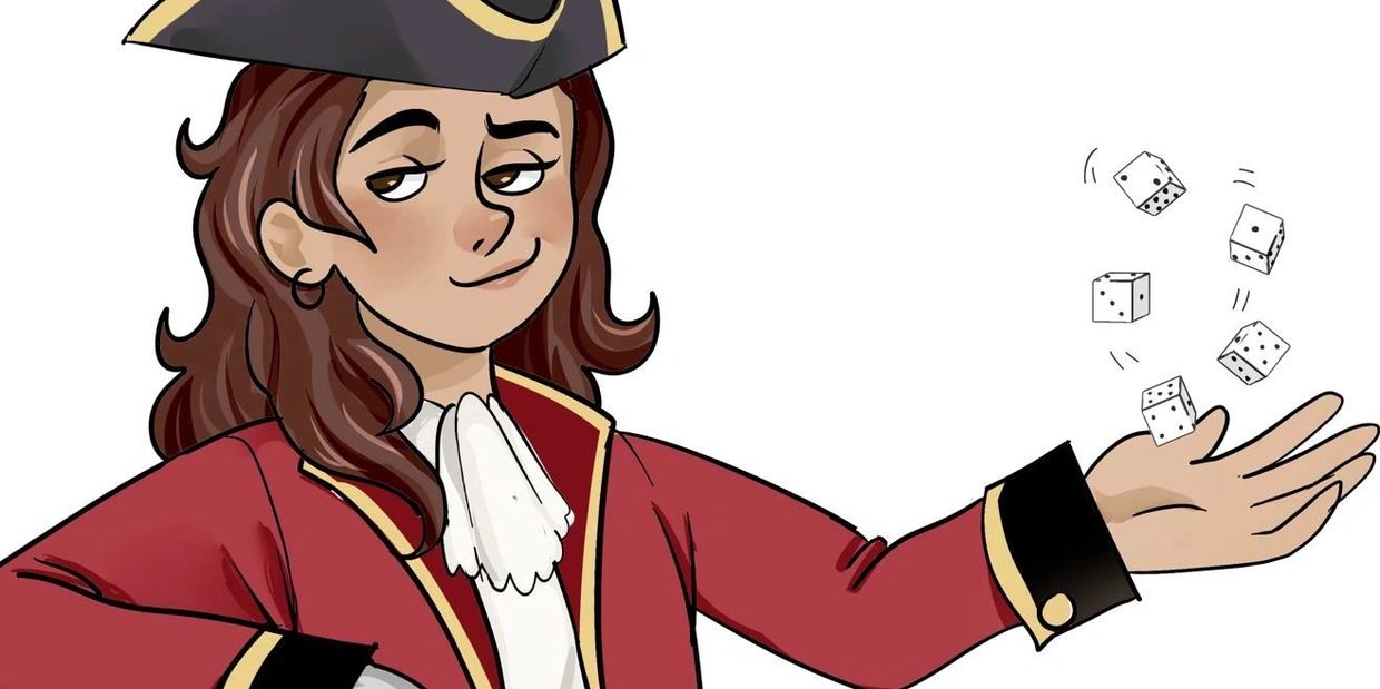 Confident pirate with a hook hand casually tossing dice.