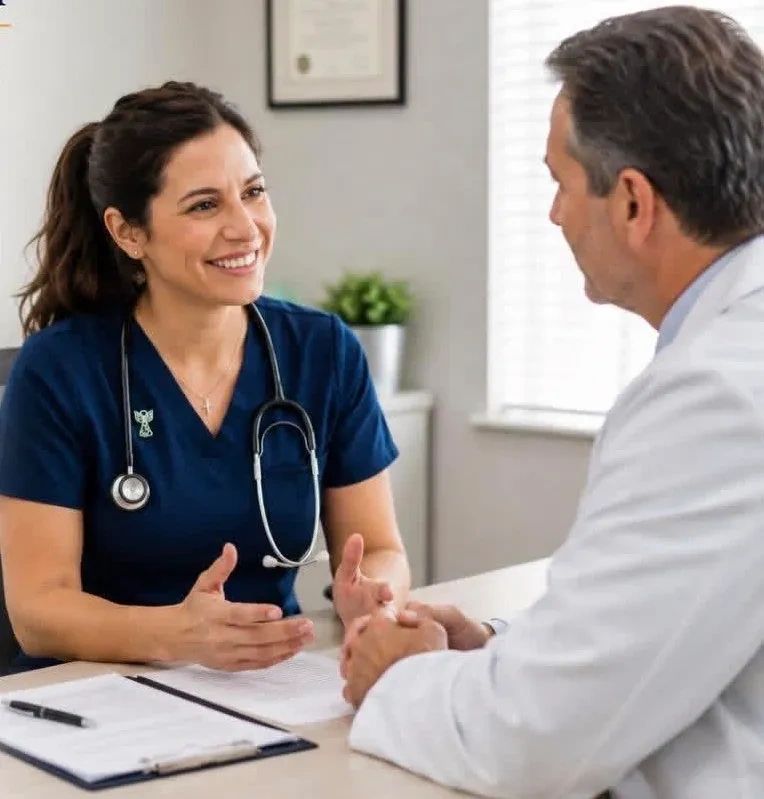 Female doctor consulting with male patient in a clinic.