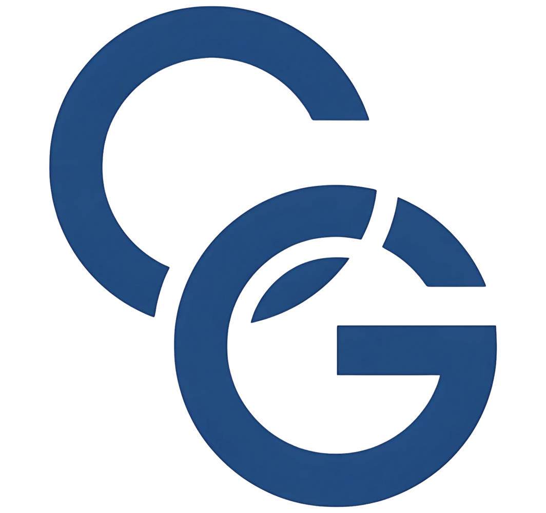 Stylized interlocking blue letters C and G logo on black background.