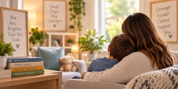 Mother comforting her child in a cozy, inspiring room.