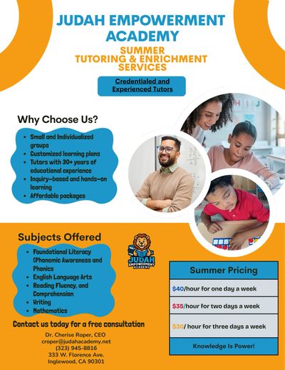 Flyer for Judah Empowerment Academy's summer tutoring with experienced tutors and affordable pricing.