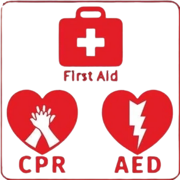 Red icons for First Aid, CPR, and AED with heart and cross symbols.