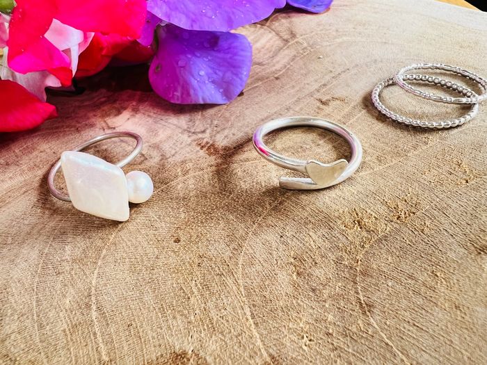 Sterling Silver Diamond Freshwater Pearl  Ring & Thumb Rings with Argentium Silver Heart Ring