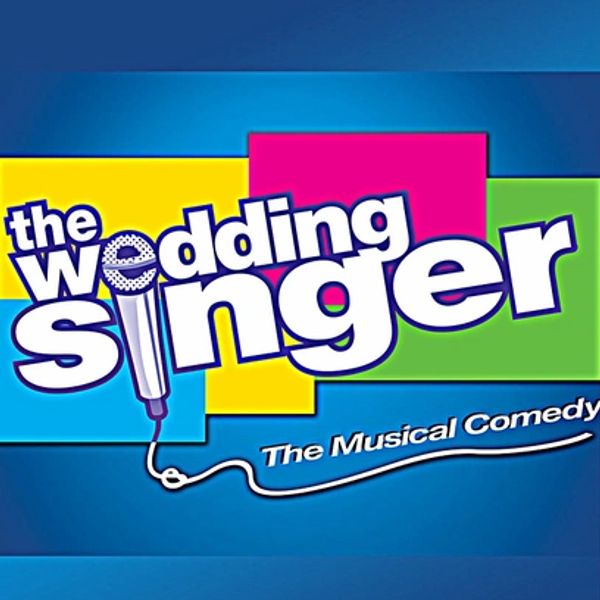 Logo for 'The Wedding Singer' musical comedy with colorful background and microphone graphic.