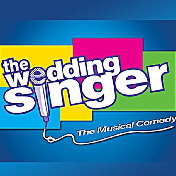 Logo for 'The Wedding Singer' musical comedy with colorful background and microphone graphic.