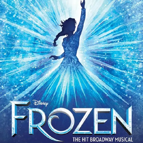 Silhouette of a dancing woman with icy blue rays, promoting Disney's Frozen Broadway musical.