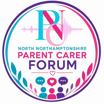 Colourful circular logo for the Northamptonshire SEND Parent Support Hub, featuring supportive famil