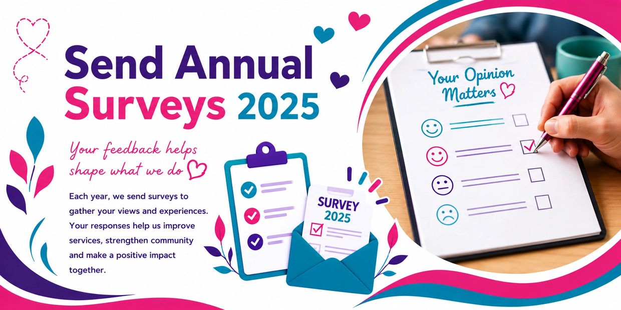 Bright and colourful banner promoting the SEND Annual Surveys 2026, featuring survey forms, hearts, 