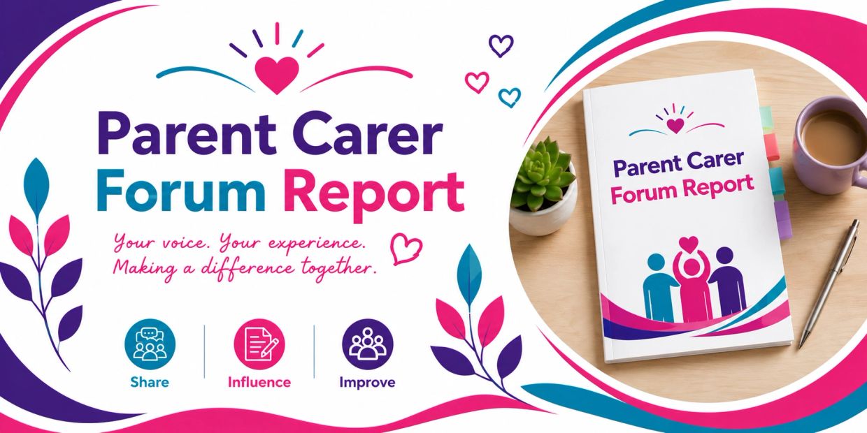A colourful Parent Carer Forum Report banner featuring bold branding, community-inspired graphics an