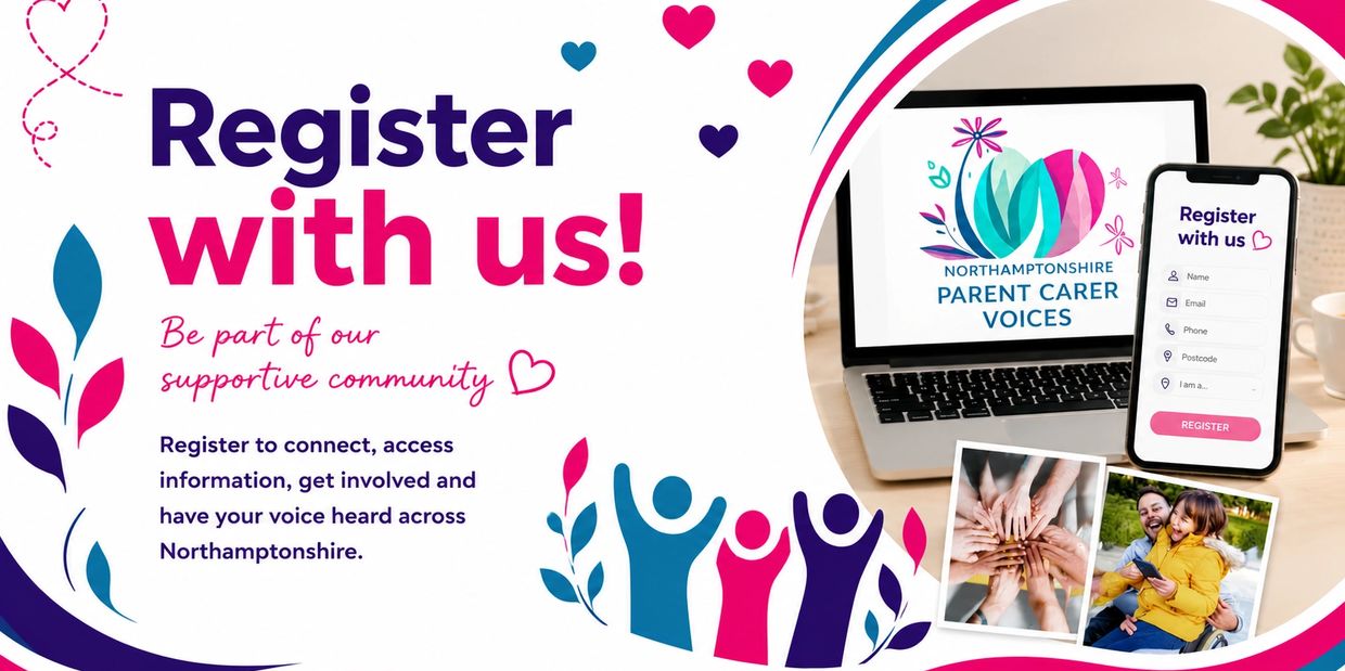 A colourful registration banner featuring community graphics, hearts and digital devices, encouragin
