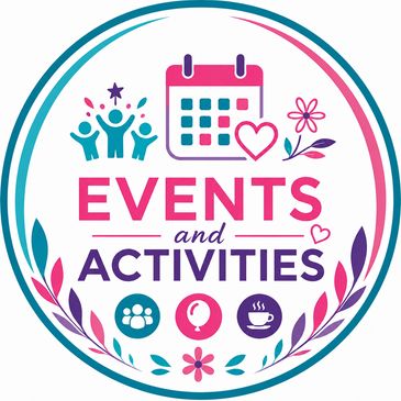 Bright and inclusive “Events and Activities” logo in pink, teal and purple, featuring community, cal