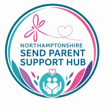 Welcoming Northamptonshire SEND Parent Support Hub logo in teal, pink and purple, featuring caring f