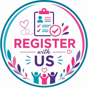 Bright and welcoming “Register With Us” circular logo in pink, teal and purple, featuring a checklis