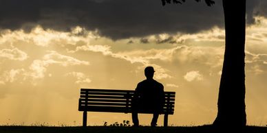 A man sitting on a bench under a tree at sunset.